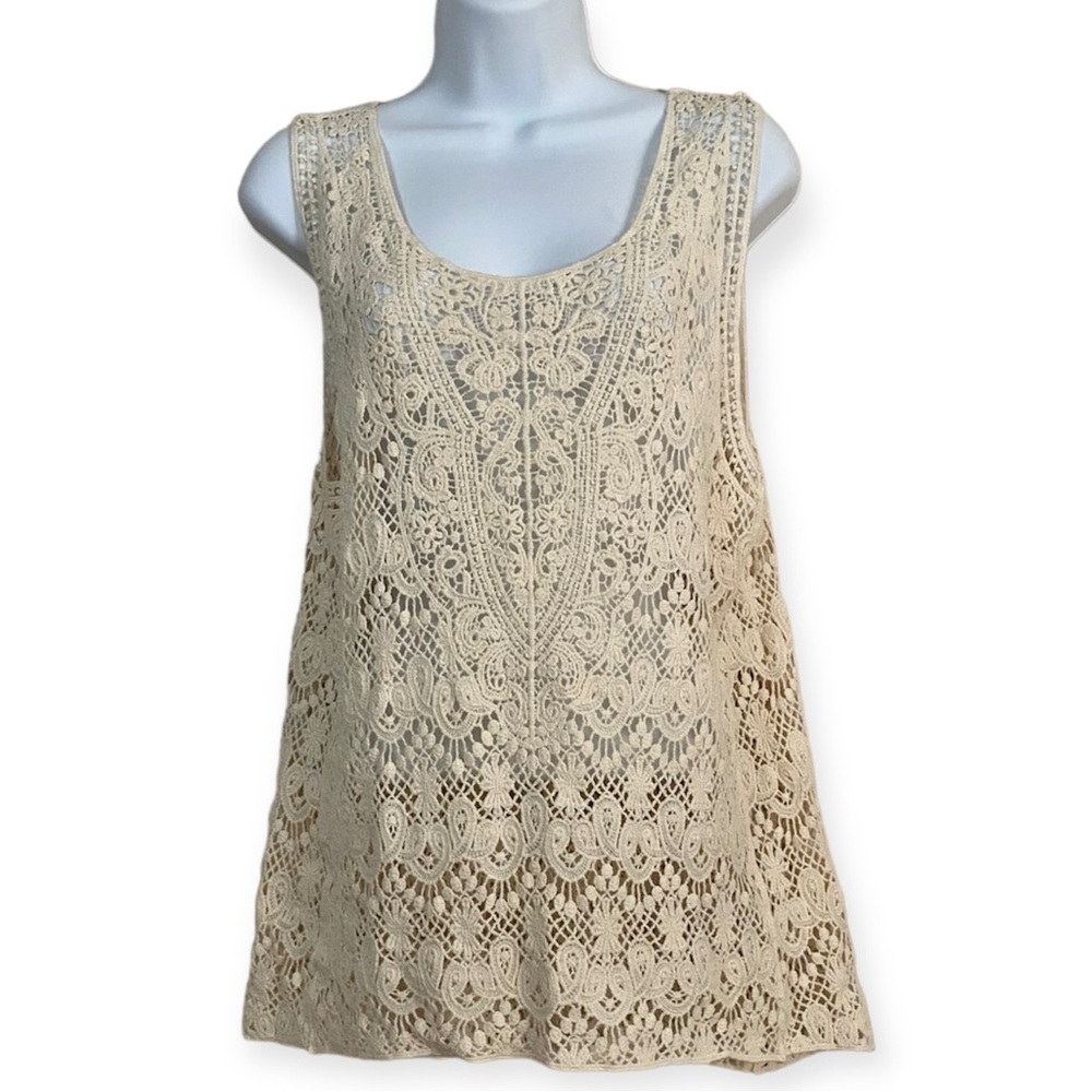 Solitaire Beige Sheer Crochet Sleeveless Tank Top Medium Swimsuit Coverup Boho
